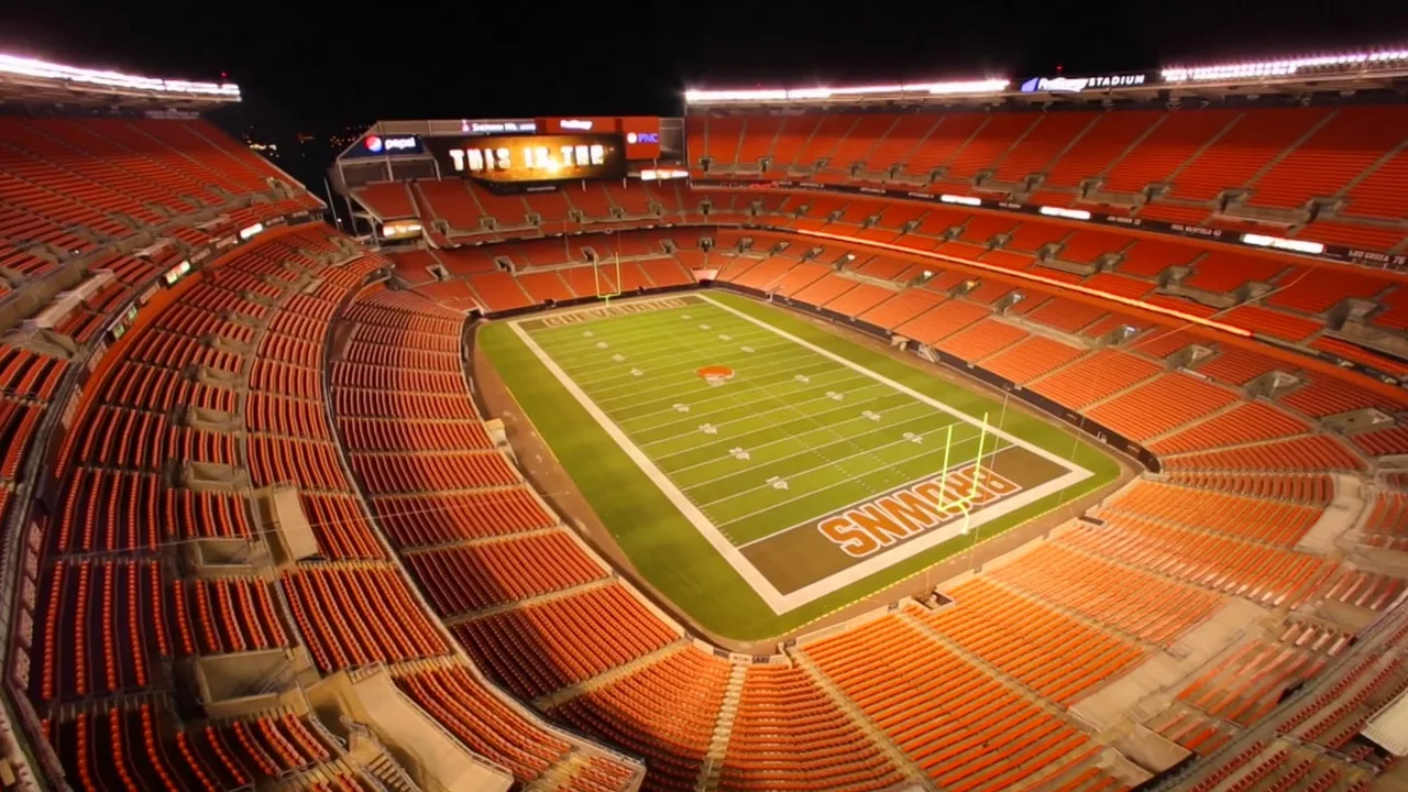Aerial view of the Cleveland Browns stadium lit up at night